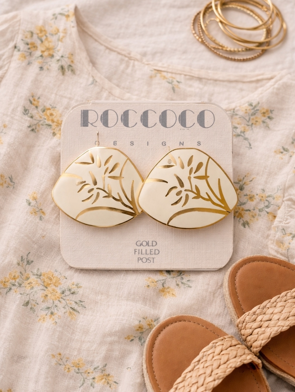 ROCCOCO Gold & Cream Floral Earrings on Yellow Floral Linen Top